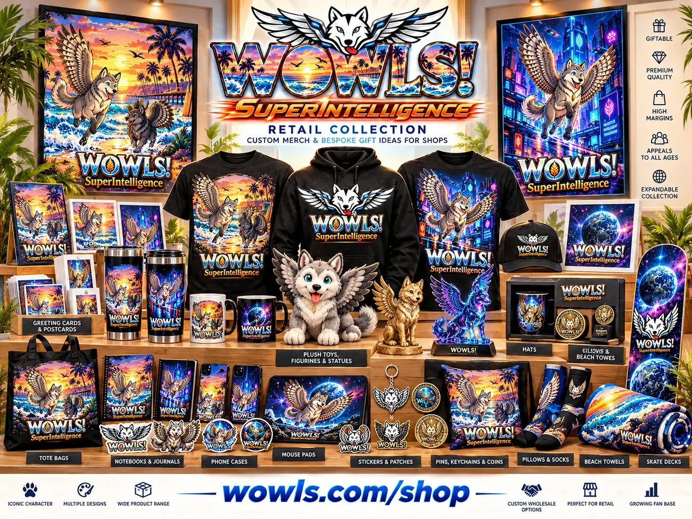 WOWLS! SuperIntelligence retail collection on a wooden display shelf — t-shirts, hoodie, cap, socks, plush, figurines, tumblers, mugs, notebooks, cards, pins, patches, pillows, towels and skate decks — now in the Shop