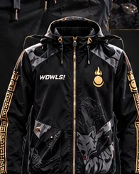 Performance Jacket — black lightweight weather-ready jacket with gold side stripes, WOWLS! wordmark and flame-crest embroidery