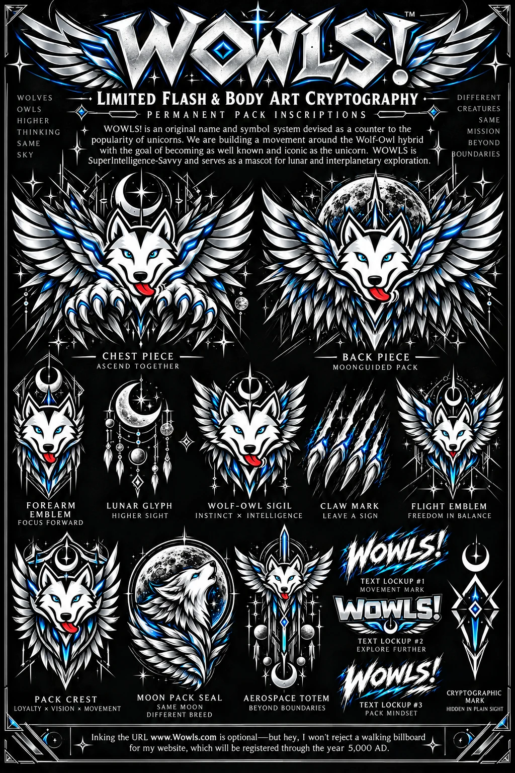 WOWLS! Limited Flash & Body Art Cryptography poster: winged-wolf chest and back pieces, forearm emblem, lunar glyph, wolf-owl sigil, claw mark, flight emblem, pack crest, moon pack seal, aerospace totem, text lockups and cryptographic mark