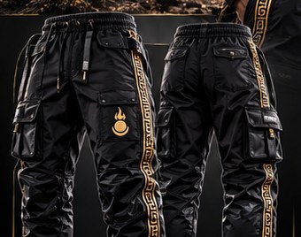 Hero Cargo-Track Pants — two views of black technical cargo pants with gold Mongolian side stripes, utility pockets and the flame-crest emblem