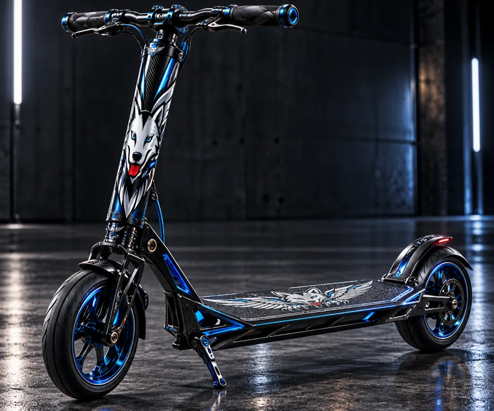 Arban Kinetic Kick Scooter concept with a wolf-face steering column, black frame and electric-blue accents