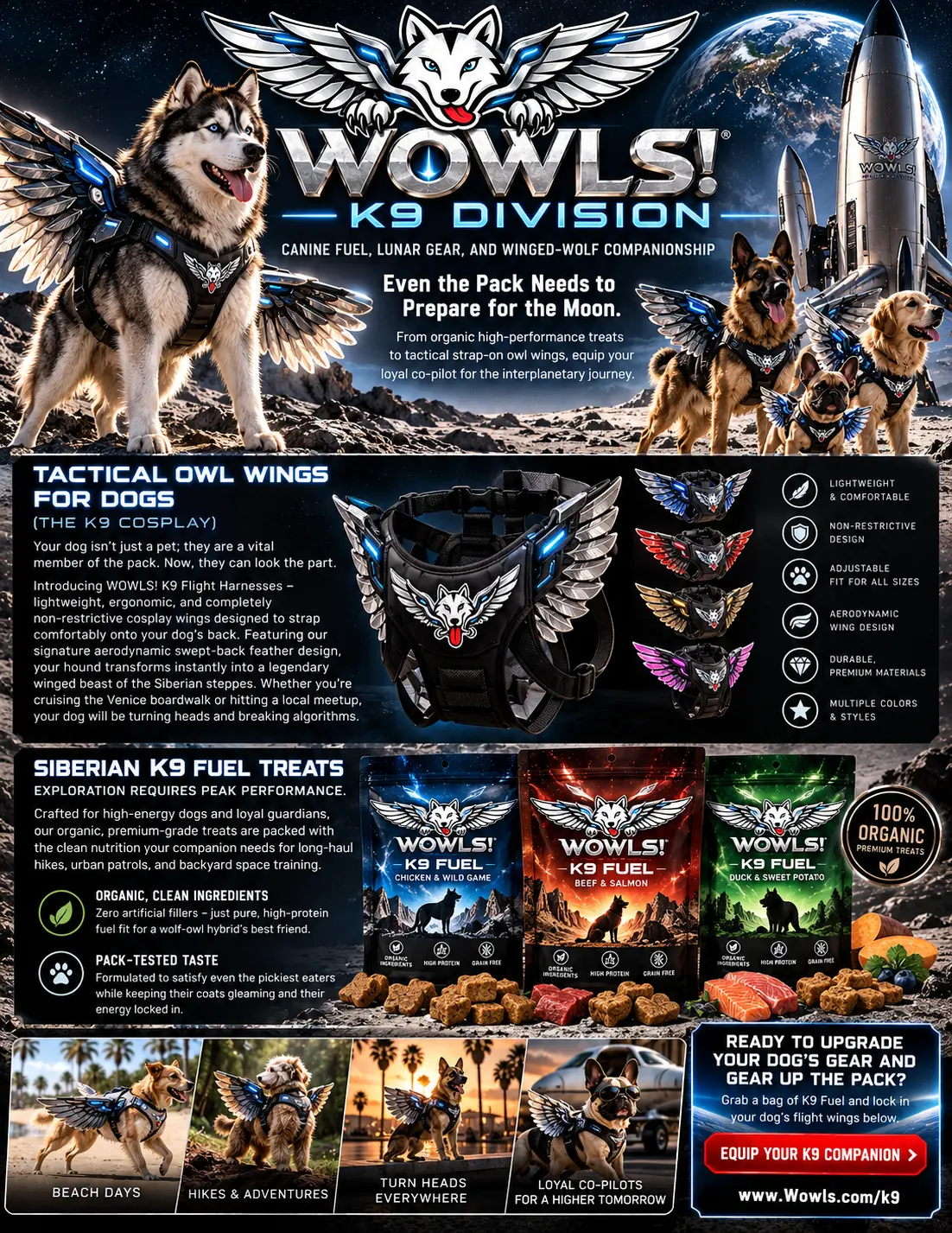 WOWLS! K9 Division poster showing tactical owl-wing flight harnesses in blue, red, gold and pink trim, Siberian K9 Fuel treat pouches, and dogs wearing winged harnesses on the surface of the Moon