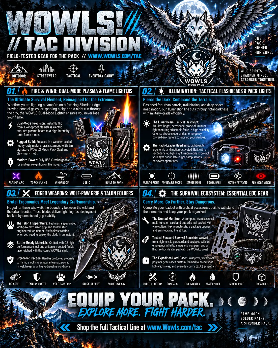 WOWLS! TAC Division poster showing dual-mode plasma and flame lighters, tactical flashlights and headlamps, wolf-paw grip Talon folders, and EDC survival gear in moonlit wilderness scenes