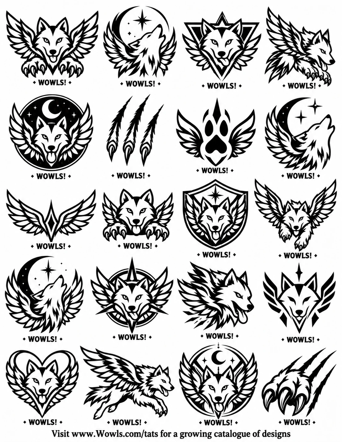 WOWLS! black-and-white flash sheet of twenty winged wolf designs: wolf heads with spread wings, howling profiles under crescent moons, claw marks, a winged paw print, heraldic shields, compass seals and a heart of wings, each labeled WOWLS!