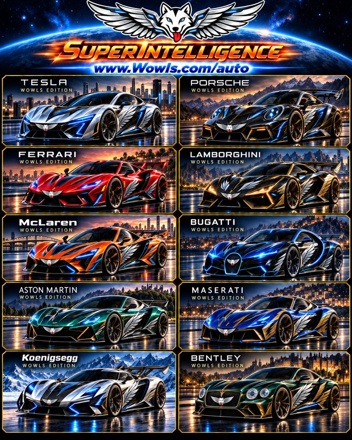 WOWLS! Auto ten-panel winged-wolf vehicle livery showcase: Tesla, Porsche, Ferrari, Lamborghini, McLaren, Bugatti, Aston Martin, Maserati, Koenigsegg, and Bentley editions