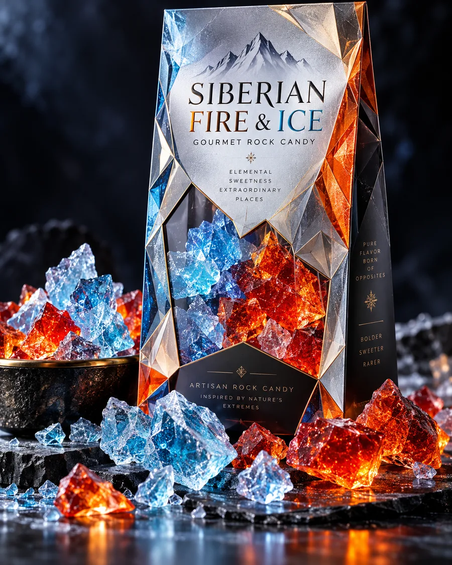 Siberian Fire & Ice Crystal Shards — a faceted silver-and-gold package of hand-spun rock candy in glacial ice-blue and fiery red-orange shards