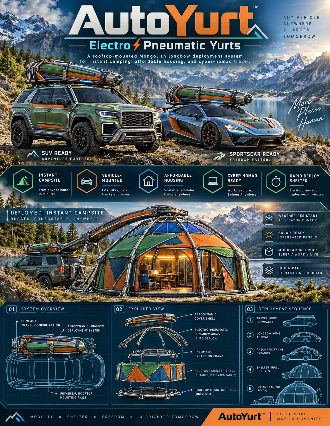 AutoYurt electro-pneumatic yurt poster: SUV and sportscar carrying rooftop yurt systems beside a mountain lake, a deployed yurt campsite, system overview, exploded view and five-step deployment sequence panels