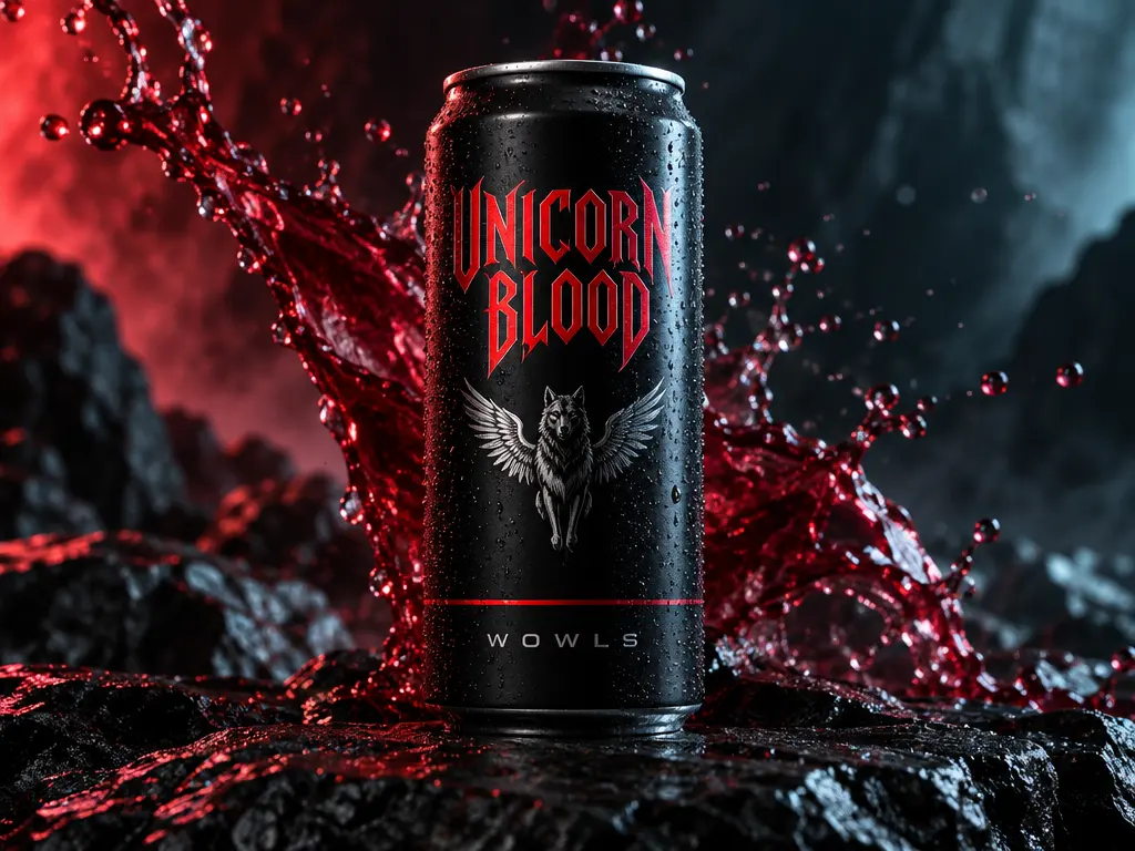 WOWLS! Unicorn Blood Energy Elixir — a matte-black 12oz can printed UNICORN BLOOD with a winged wolf emblem, set against a splash of deep crimson-ruby liquid on dark stone