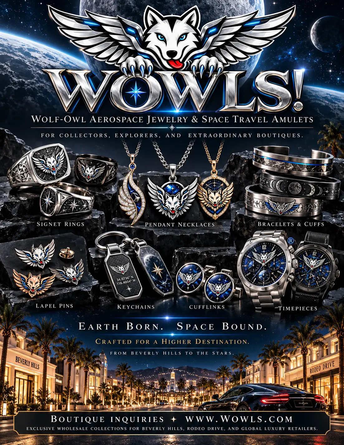 WOWLS! wolf-owl aerospace jewelry poster: signet rings, pendant necklaces, bracelets and cuffs, lapel pins, keychains, cufflinks and timepieces above a Beverly Hills night street
