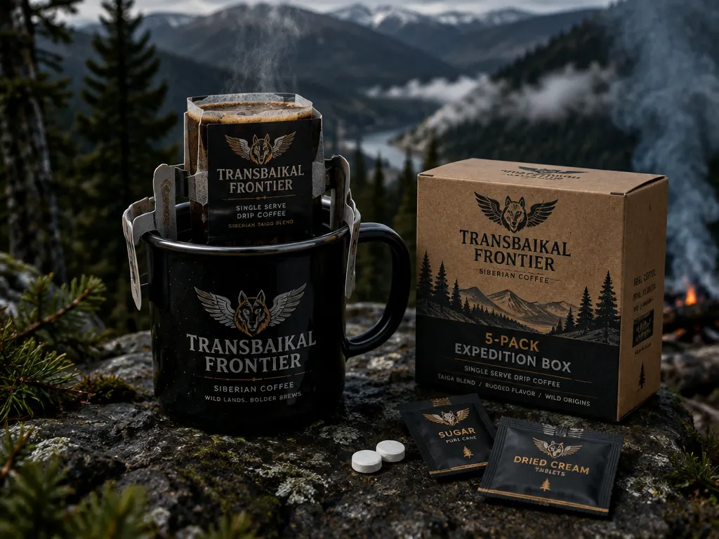 The Transbaikal Frontier Drip Coffee Kit — a fold-out drip coffee packet mounted on a black enamel mug beside a 5-Pack Expedition Box, sugar packs and dried cream tablets against a misty Siberian taiga