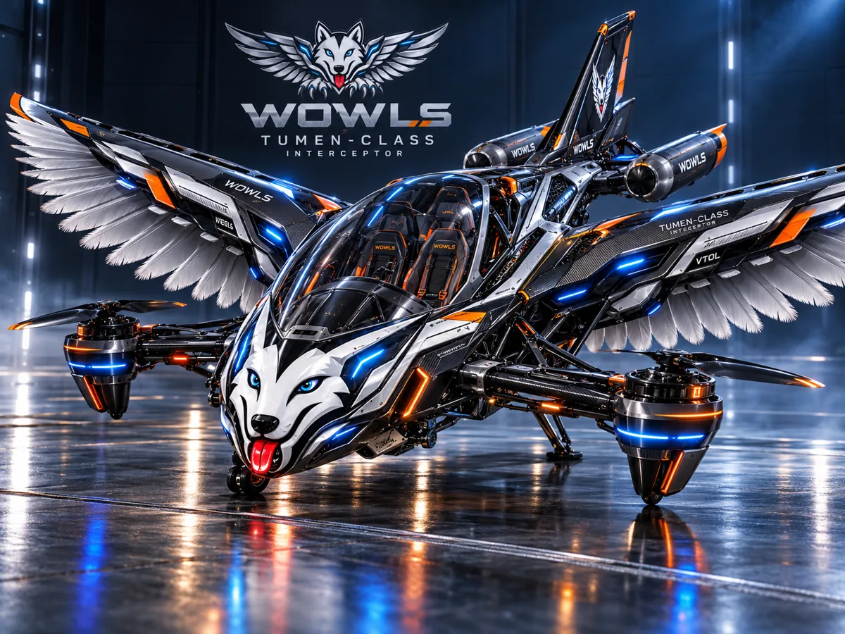 WOWLS! Tumen-Class VTOL interceptor concept with feathered wings, quadcopter lift rotors and a wolf-faced cockpit in a hangar