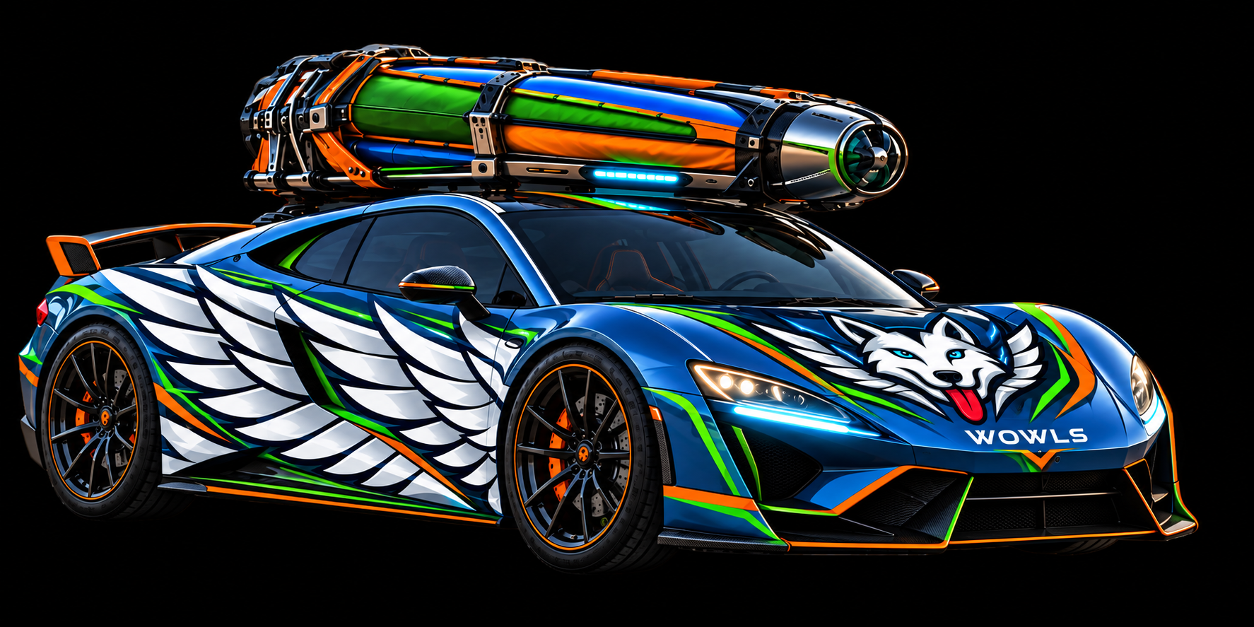 WOWLS! bespoke sportscar concept with blue, green and orange winged-wolf livery and a rooftop mobile living unit