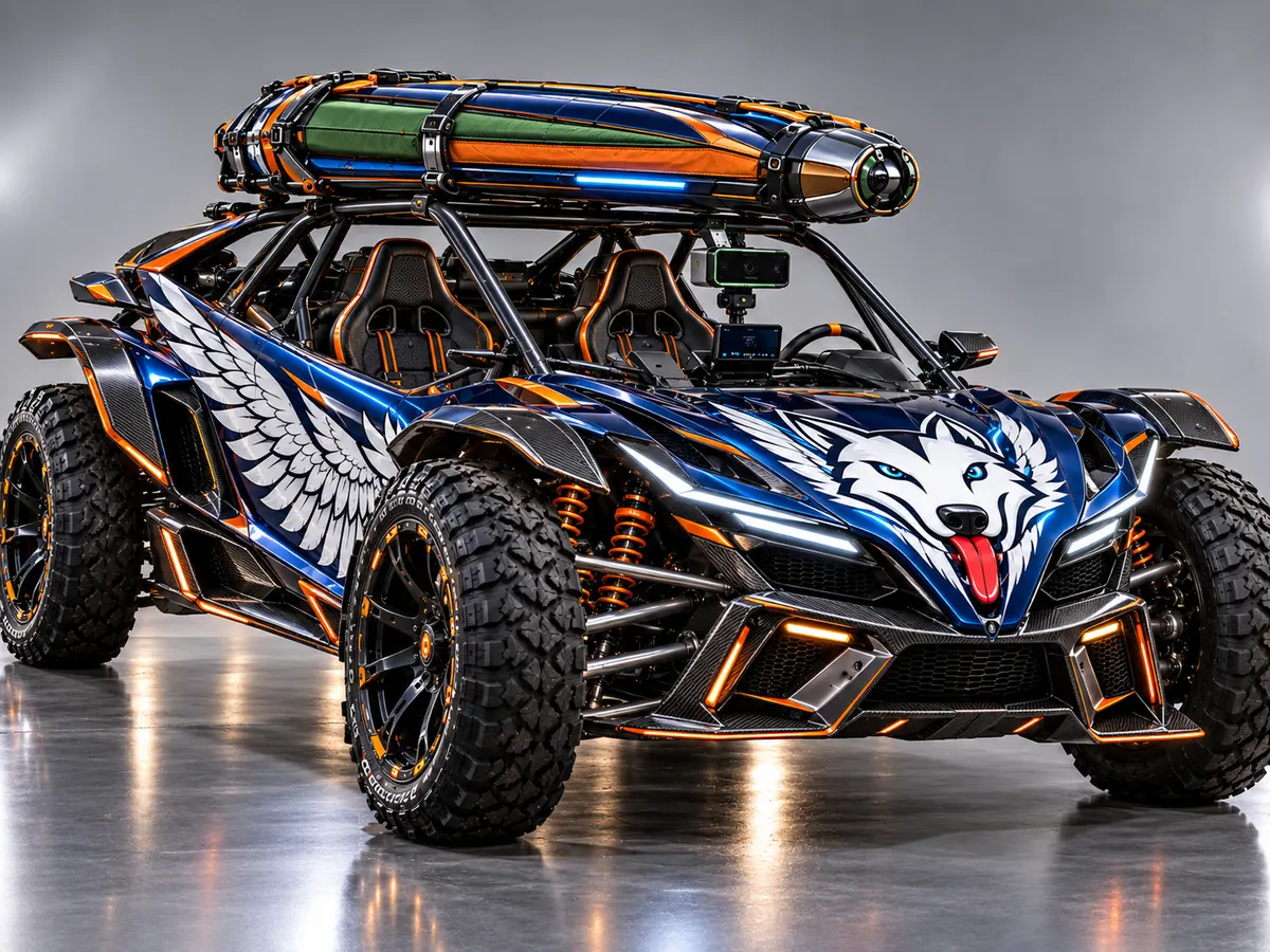 WOWLS! Minghan-Class tactical nomad buggy: electric off-grid exo-machine with winged-wolf livery, tubular exoskeleton, interchangeable door panels and a roof-mounted AutoYurt dome shelter pod