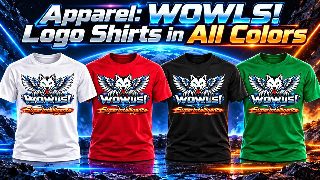 WOWLS! SuperIntelligence logo shirts in white, red, black and green
