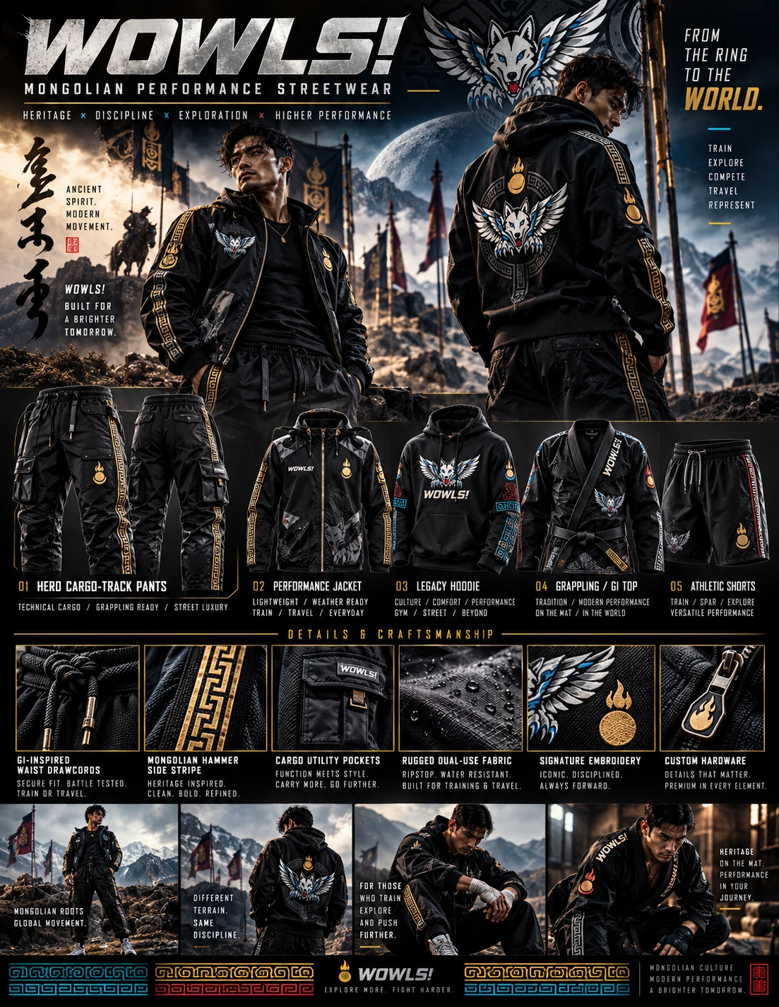 WOWLS! Mongolian Performance Streetwear poster — black technical cargo-track pants, performance jacket, legacy hoodie, grappling gi top and athletic shorts with gold and blue winged-wolf detailing, worn against a mountain battle standard backdrop, plus craftsmanship detail crops