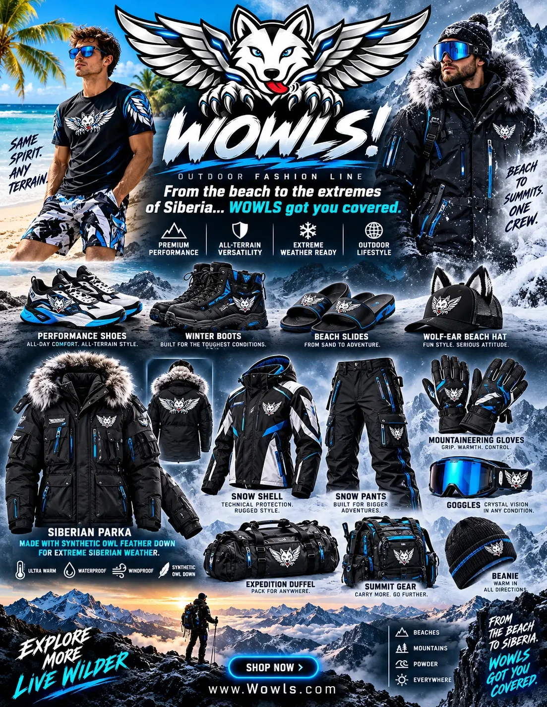 WOWLS outdoor fashion collection poster: beach T-shirt and shorts, performance shoes, winter boots, slides, wolf-ear hat, Siberian parka, snow shell, snow pants, gloves, goggles, expedition duffel, summit backpack and beanie
