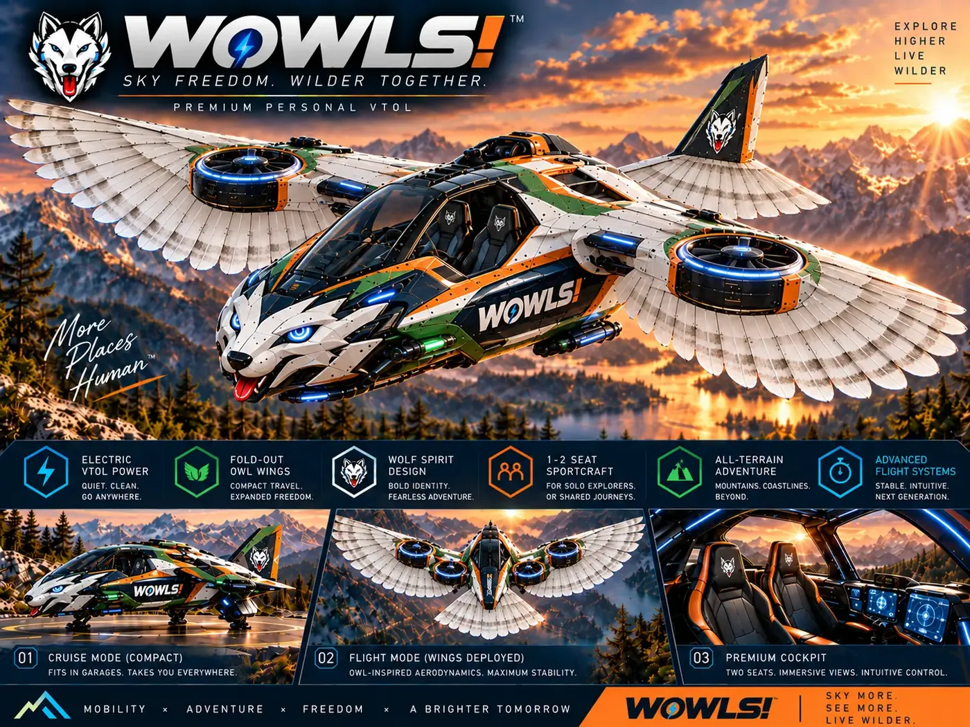 WOWLS! Tumen-Class VTOL poster — the wolf-faced personal aircraft with fold-out owl wings over sunset mountains, with cruise, flight and cockpit views