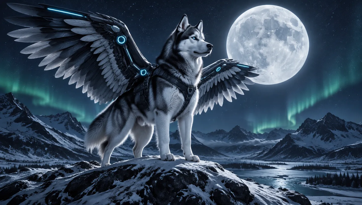 A wolf-like Siberian husky wearing tactical owl-feather flight wings on a snowy moonlit steppe under a giant moon and aurora